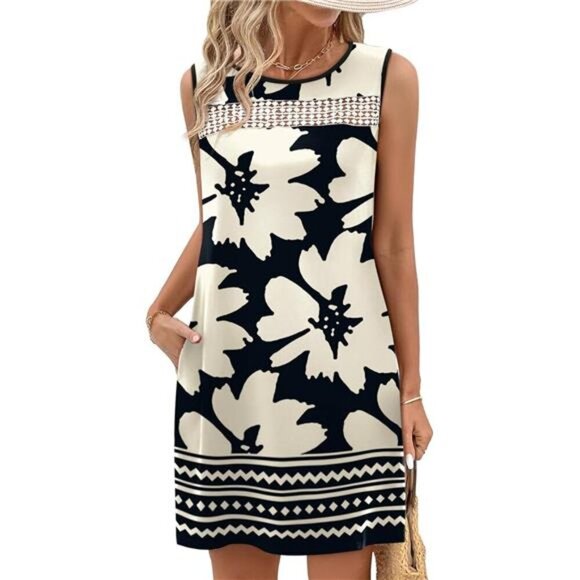 Women’s Black & White Lace Tank Dress Sleeveless Loose Fit Dress with Pockets - Picture 2 of 6
